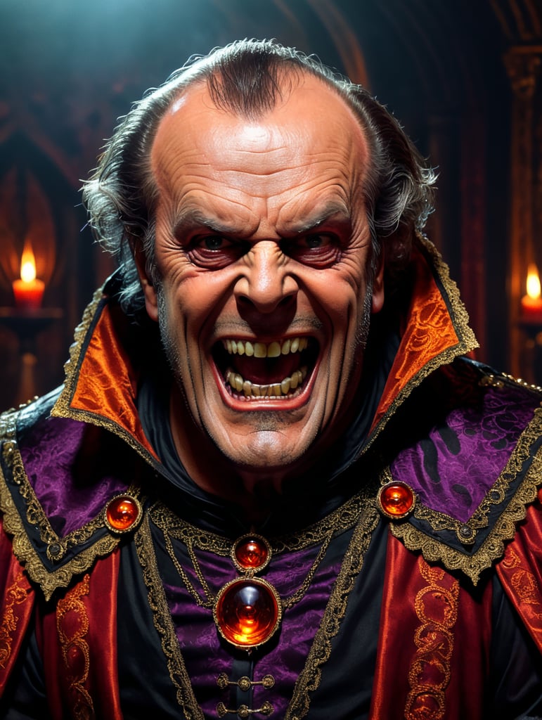 Jack Nicholson as Drakula wearing spooky Halloween costume, Vivid saturated colors, Contrast color