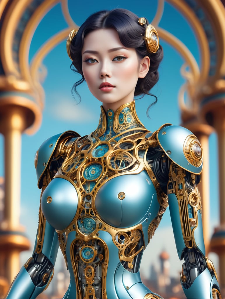 A female robot with an art Nouveau cyberpunk aesthetic, body is made from a delicate mechanical ornamental exterior reminiscent of a delicate gleaming porcelain and gold trimmed filigree should reveal a hollow see through body, hyper-surrealistic detailed 3d rendering digital art style, background galaxy sky