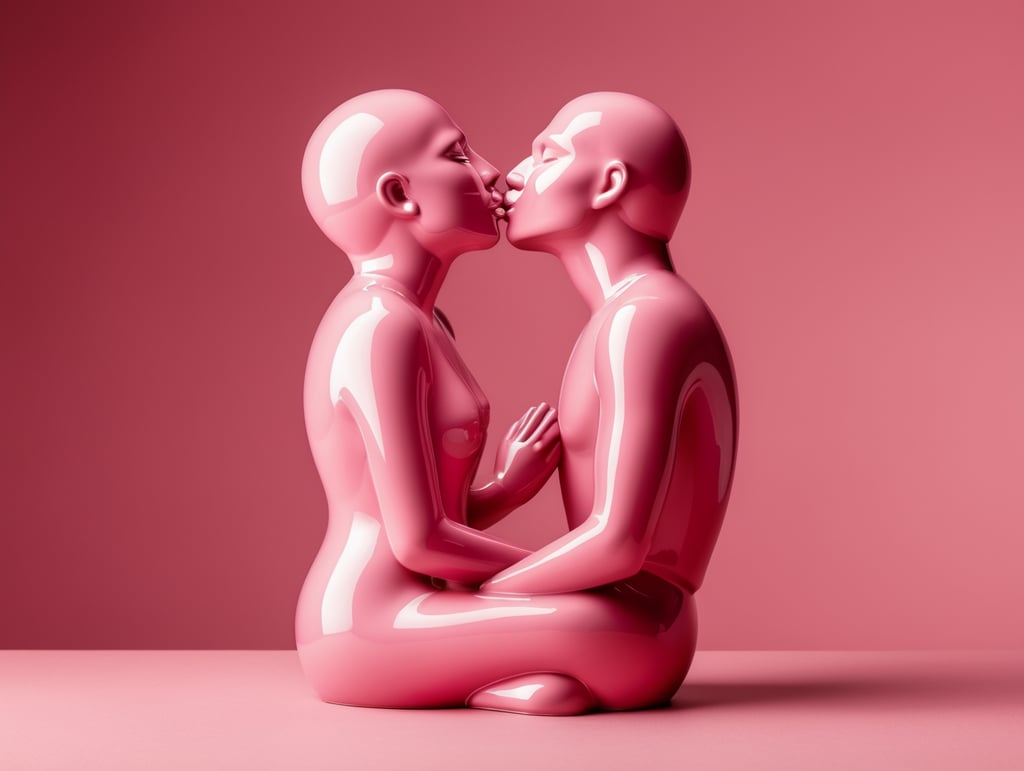 Kiss Art: Two pink glazed ceramic single color figures kissing each other, isolated, pink background