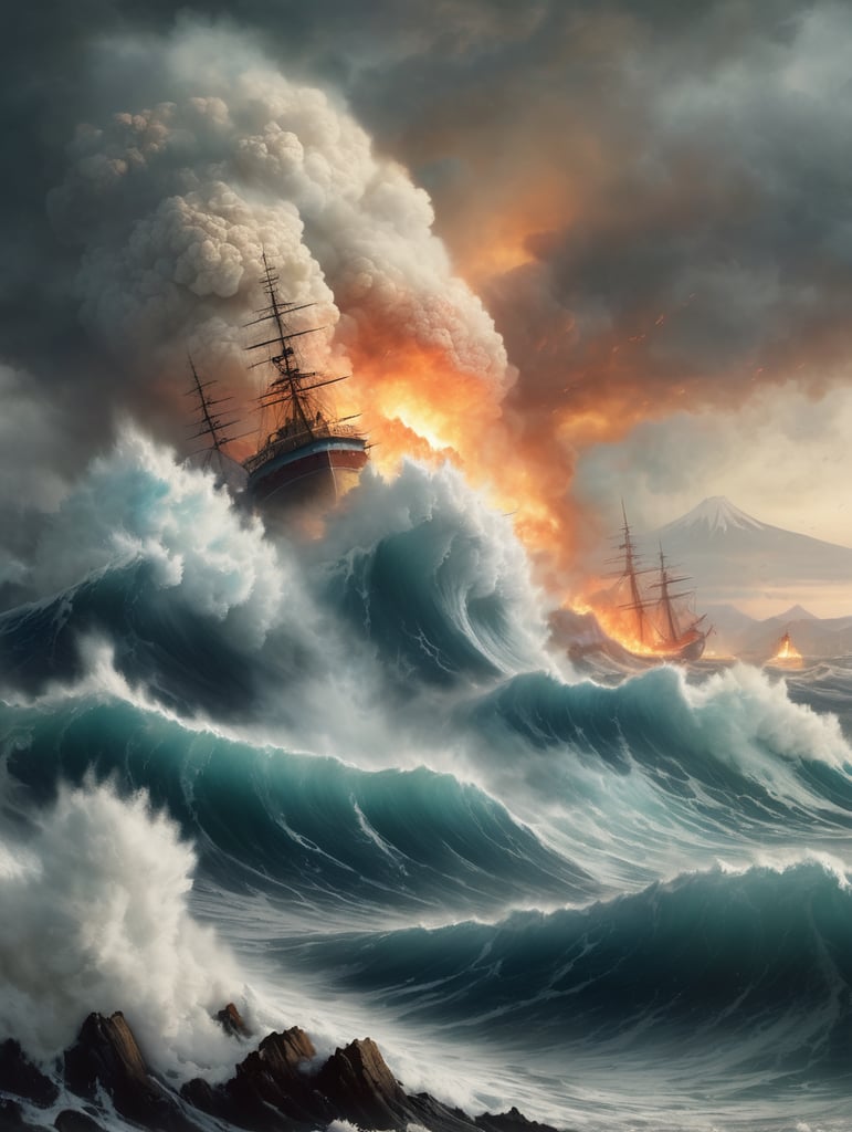 Epic photograph of an earthquake in Japan, large waves, destruction, fire, in the style of Aivazovsky
