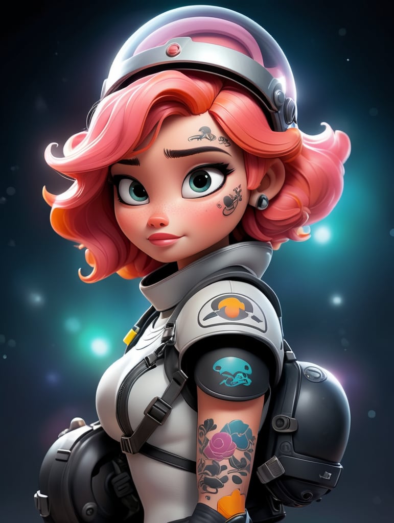 illustration of a female character named Aurora who is an astronaut using a helmet with tattoos