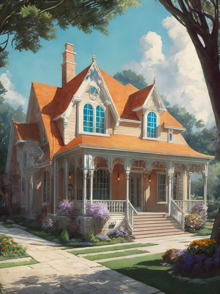 fairytale house, Marty Bell, openwork veranda, day, sunlight, blue sky, flowers near the house, lawn, pastel colors, transparent colors, pink, blue, purple, green, white