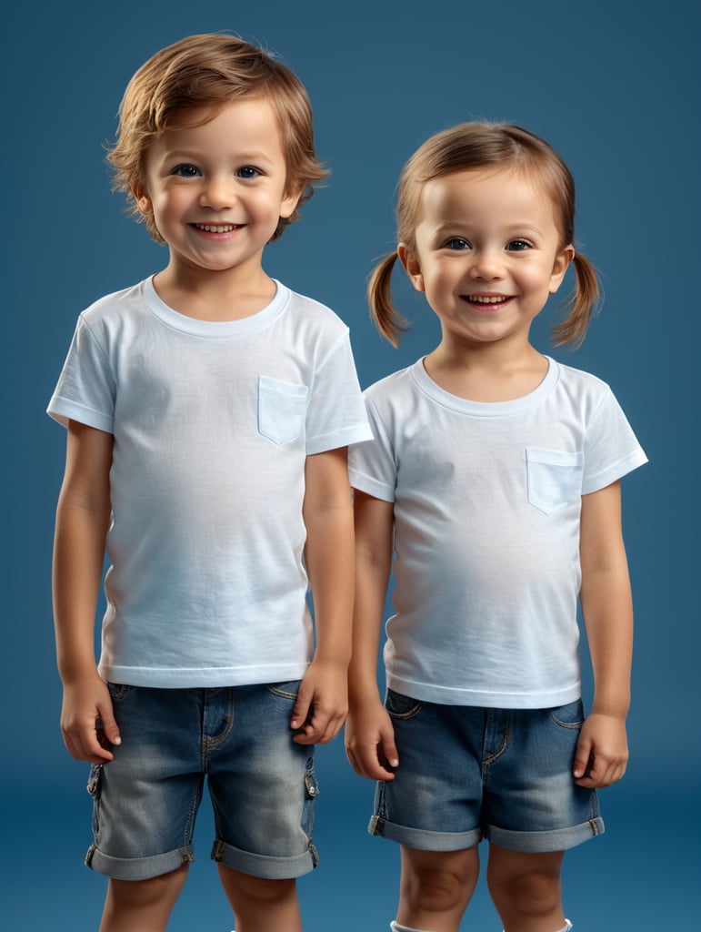 a Little boy and girl wearing white t-shirts, standing in front of blue background, blank shirts no print, 3 years old smiling toddlers, photo for apparel mock-up