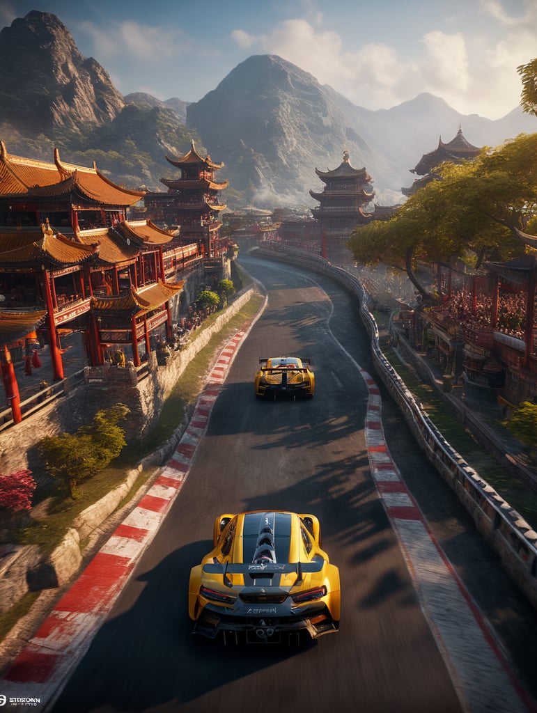 A video game render of an epic oriental racing track, epic racing location, Asphalt 9 Legends style, incredible graphics, 4k