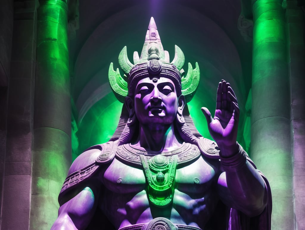 Ancient statue that is so powerful looking, purple and green beaming lights