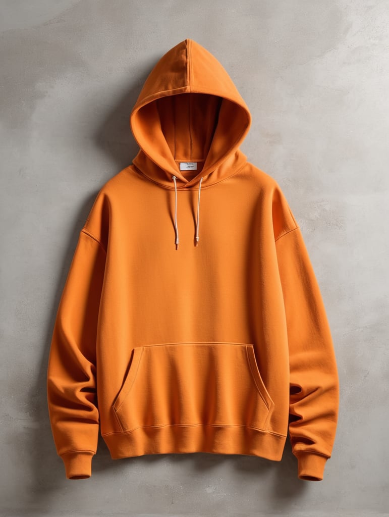 drop shoulder orange vintage washed hoodie without drawstrings blank mockup, laying on a concrete floor