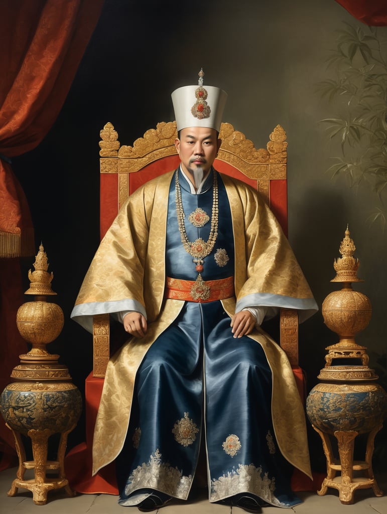 An 18th century painting of a vietnamese emperor sitting down, wearing european clothing and an asian imperial crown