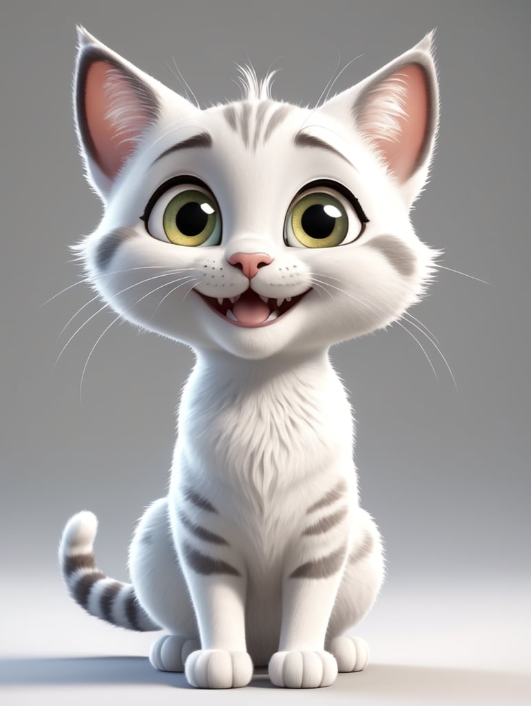 мультяшная кошка, весёлая и добрая, улыбающаяся, с большими добрыми глазами,длинными ресницами, выполнена в красивой анимации Disney, в стиле Pixar, в стиле Disney, 3D, на белом фоне, во весь рост,полностью