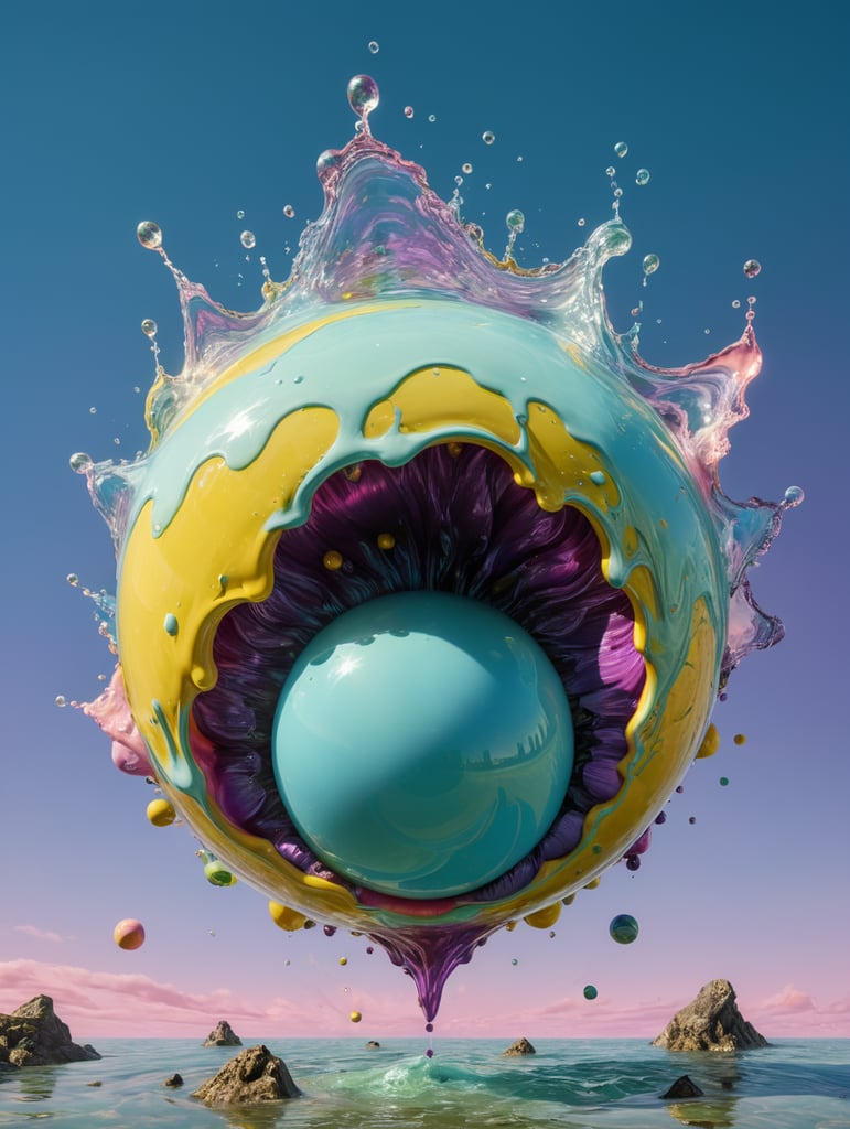 a singular object, floating in mid air, trippy, looks like a ball of liquid porcelain, trap, otherworldly, nature, photorealism, y2k, rave, plain light blue colour background, light green, pinks, purple, yellow