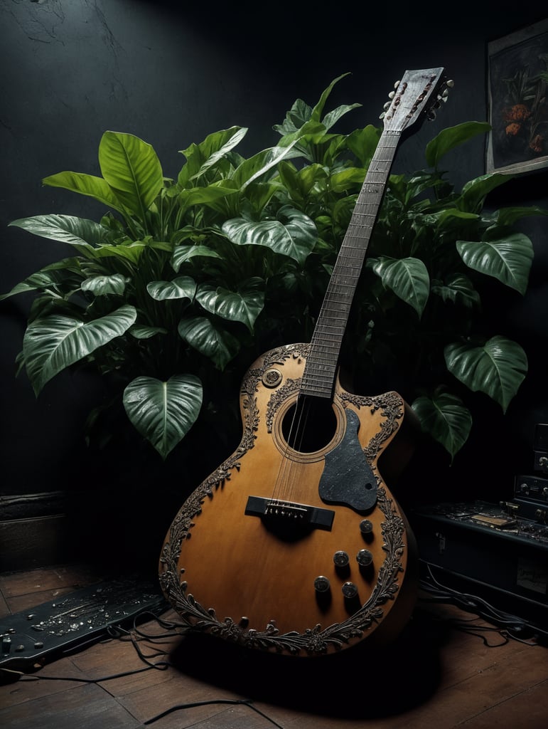 plants overtaking an old guitar, floor made of pizza