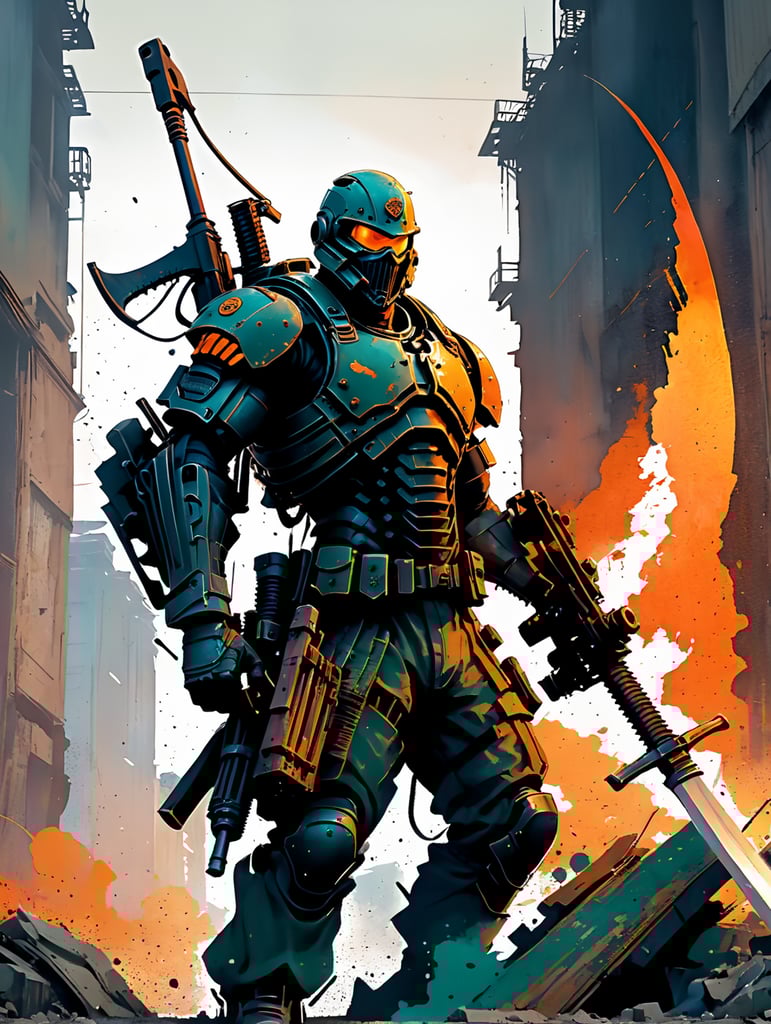 illustration soldier holding heavy machine gun and scythe