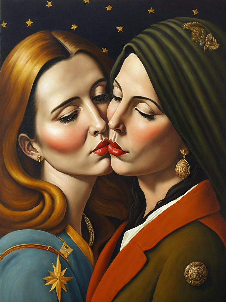 a two women kissing, style of Catherine Nolin, Painting, Acrylic, Oil, Portrait, Interior, USA
