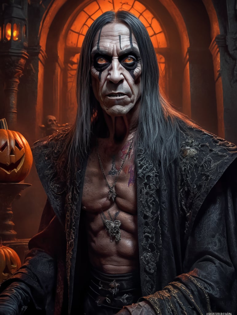 Iggy Pop as a creepy evil character wearing spooky Halloween costume, Vivid saturated colors, Contrast color