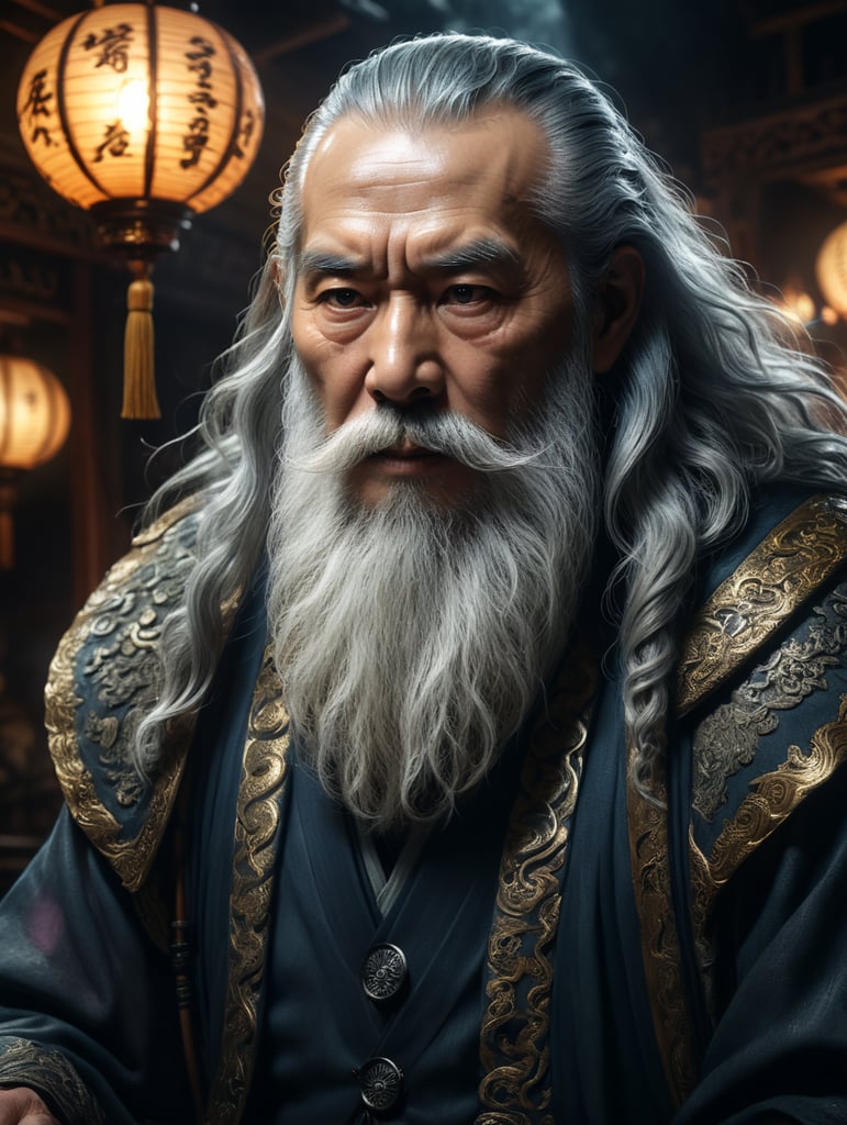 evil old japanese man with a long white beard, intricate, sharp focus, fantasy, cinematic lighting, other worldy, surreal 8k photo, dark moody aesthetic