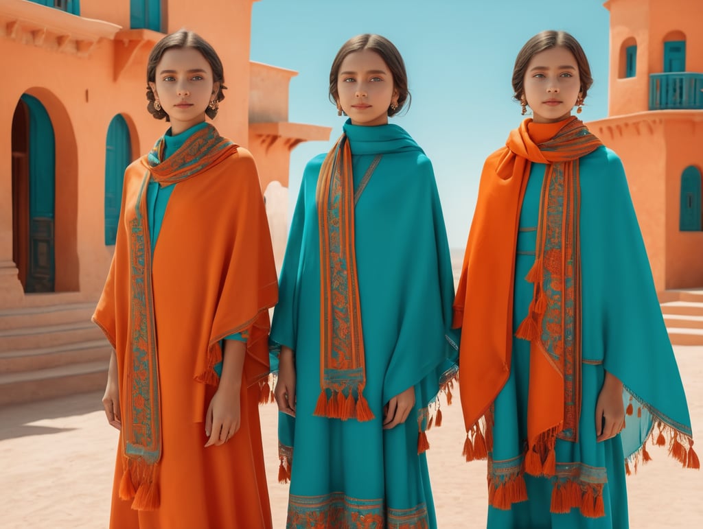 Two young girls wearing shawls and plain dresses, Wes Anderson style, Incredibly high detail, Bright colors, clear blue sky, Turquoise, orange