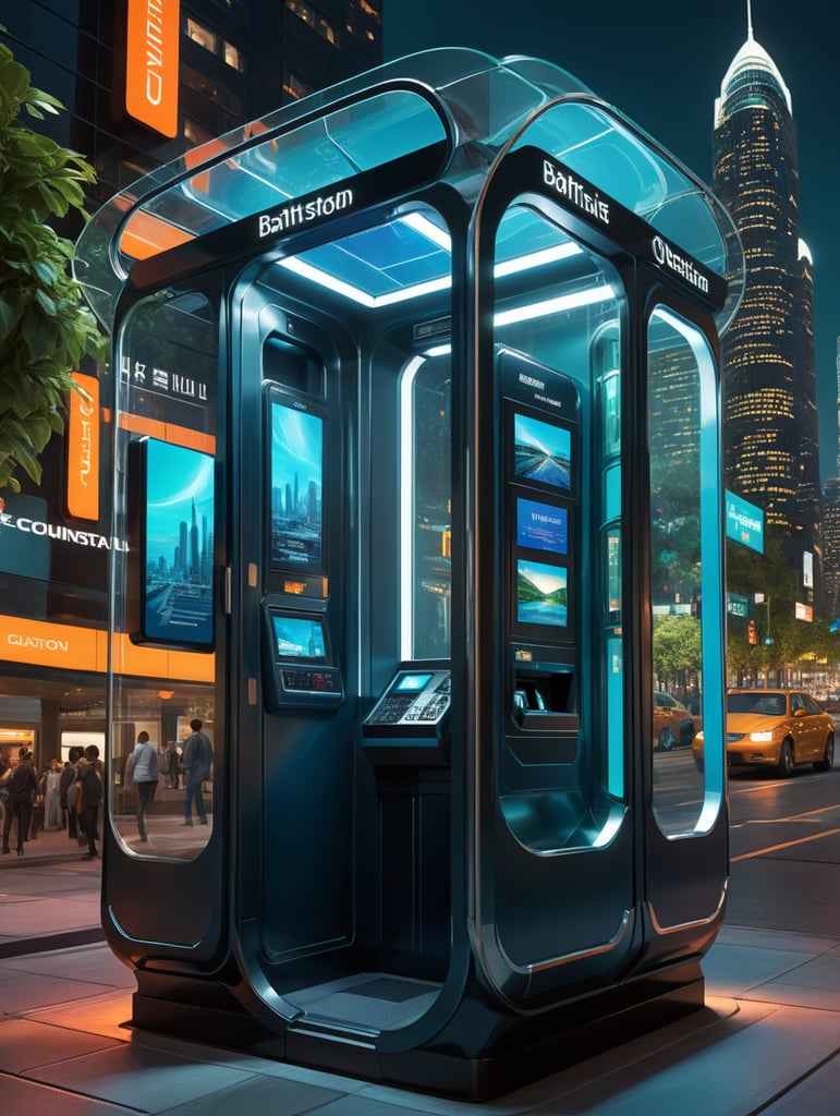 A sleek, state-of-the-art telephone booth with cutting-edge technology and solar power integration, presented through a professional digital illustration style. In the spirit of concept artist Syd Mead, this image showcases a futuristic, cityscape backdrop. The booth exudes minimalism and sophistication with its clean lines and advanced touchscreens. The color palette is a mix of cool, futuristic blues and vibrant, eco-friendly greens. Facial expressions are determined and focused, bathed in the glow of a digitally enhanced atmosphere, demonstrating the embodiment of professionalism in modern technology. --v 5 --stylize 1000