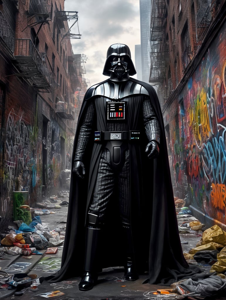 Create a graffiti wall painted by darth vader in a street of new york