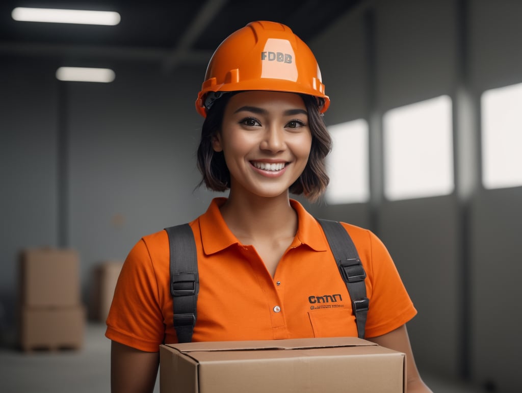 happy worker using construction helmet, orange polo tshirt color #FDB813, with a box on her hands smiling, brown eyes, white background