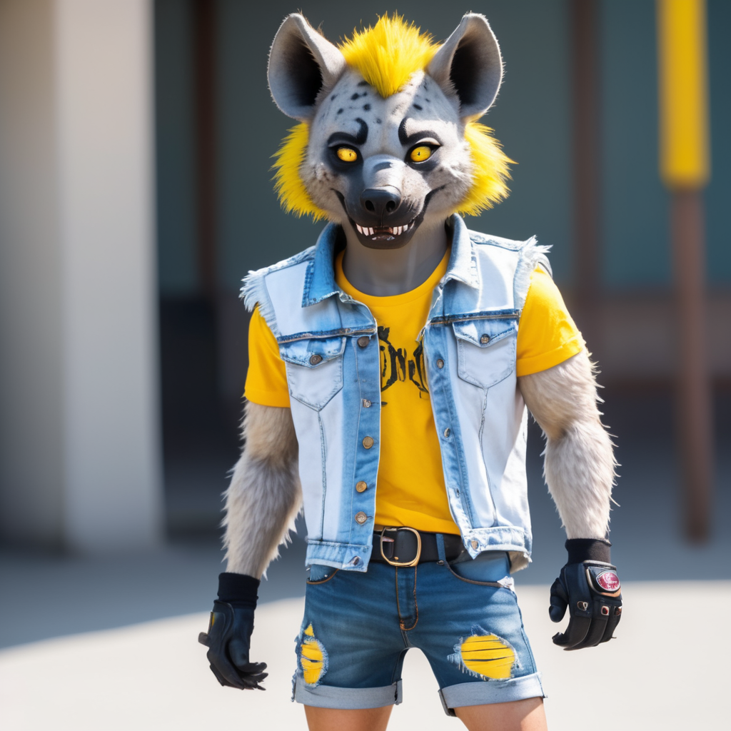 A furry hyena with yellow eyes, wearing cutoff jean shorts, a white T-shirt, ripped denim vest, a d fingerless gloves.