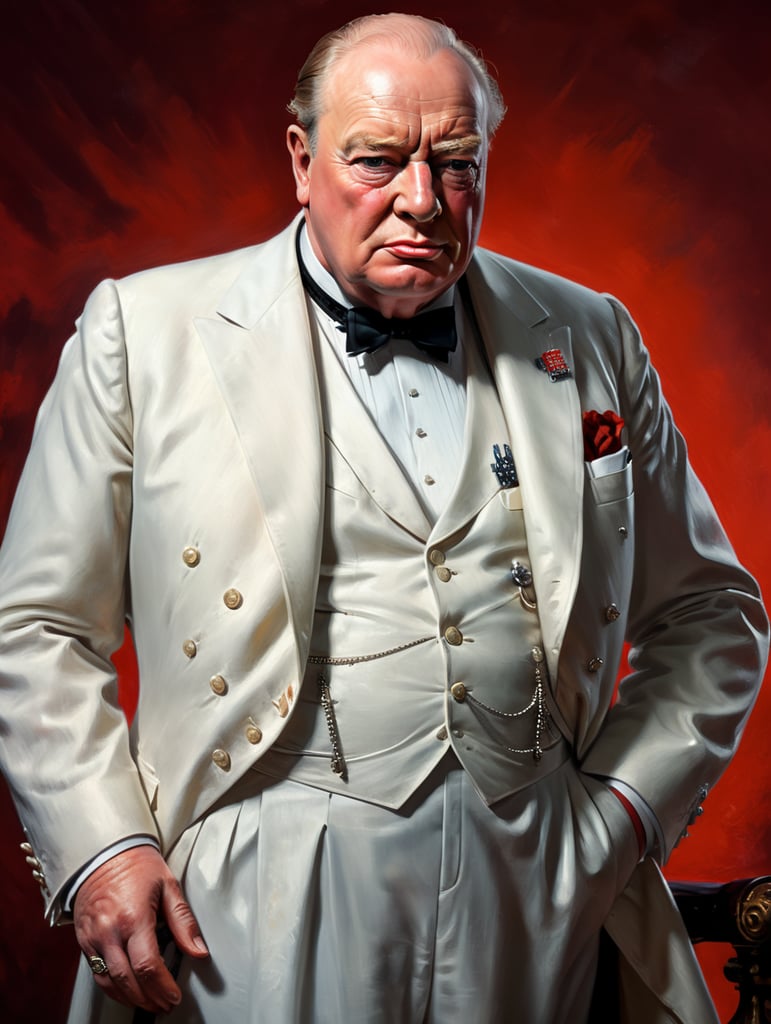 Winston Churchill Former Prime Minister of Great Britain, Avant-Garde, Photoplay, All White Dress, Red Background, Strange Harpers, Cover, Headshot, Super Realistic