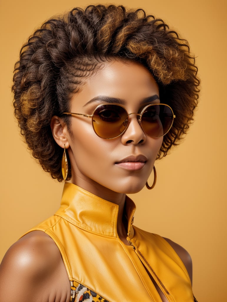 African woman with afro hair style wearing sunglasses, fashion shoot, only face, yellow background, studio photography, magazine cover, ultra bright colors