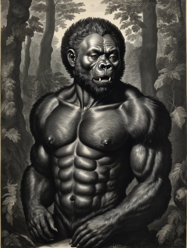 An old engraving by Hendrick Goltzius, a bear-like creature with the face of a black woman, full body portrait