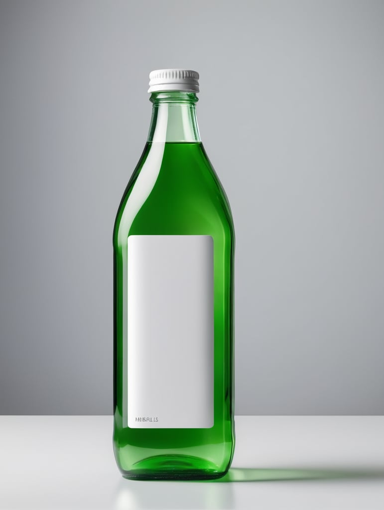 square Green glass bottle with mineral water mockup, no label, isolated, grey background