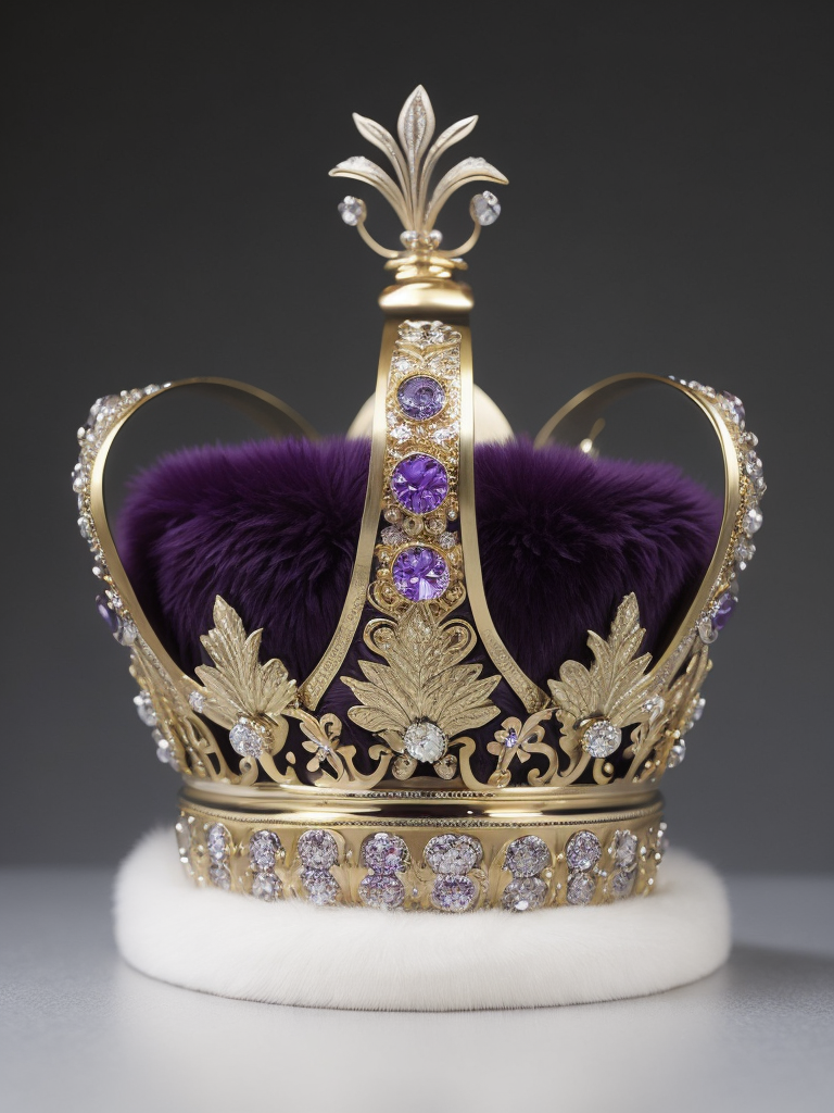 St. Edward’s Gold Crown adorned with gems, Purple velvet, White fox fur, Gray gradient background, Incredibly high detail, deep & bright colors, contrast light