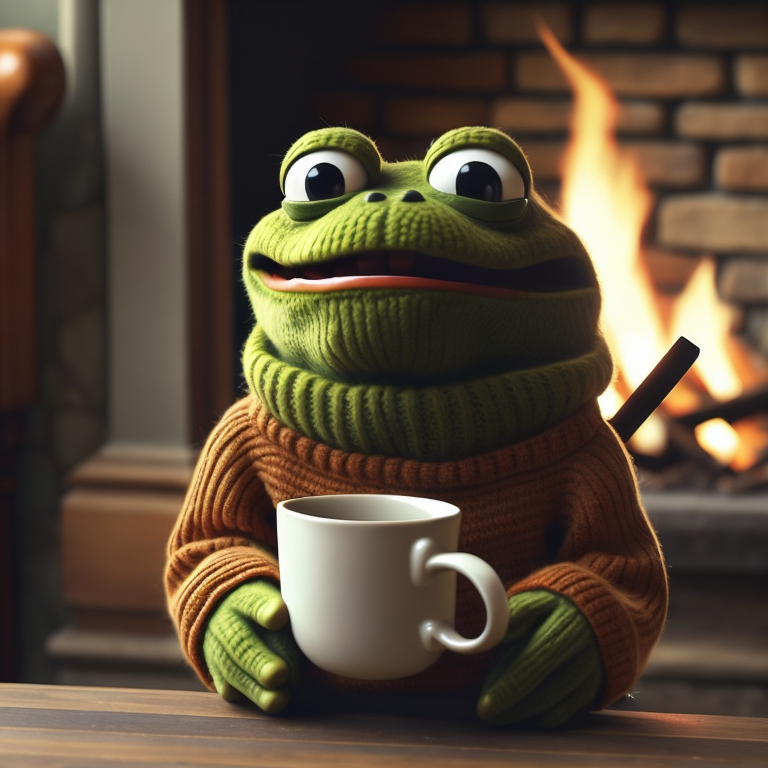 A tiny pepe the frog sipping tea wearing a cozy knit sweater by the fireplace