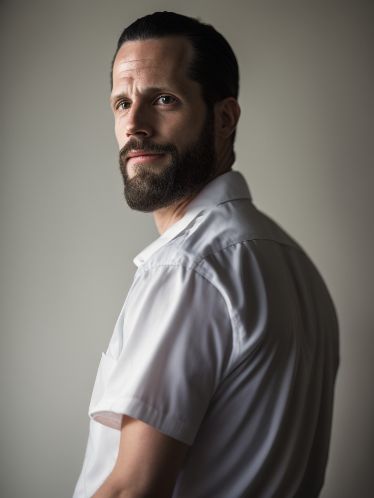 Portrait of Homer Simpson as a real person, white shirt, Dramatic Lighting, Depth of field, Incredibly high detailed