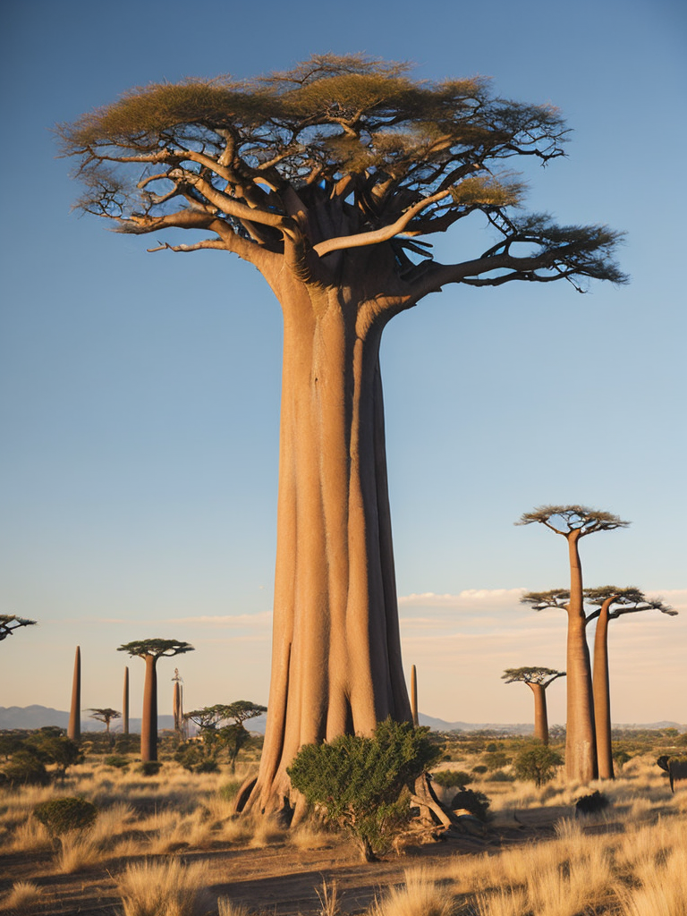 Baobab tree, savanna, sunset, high detail
