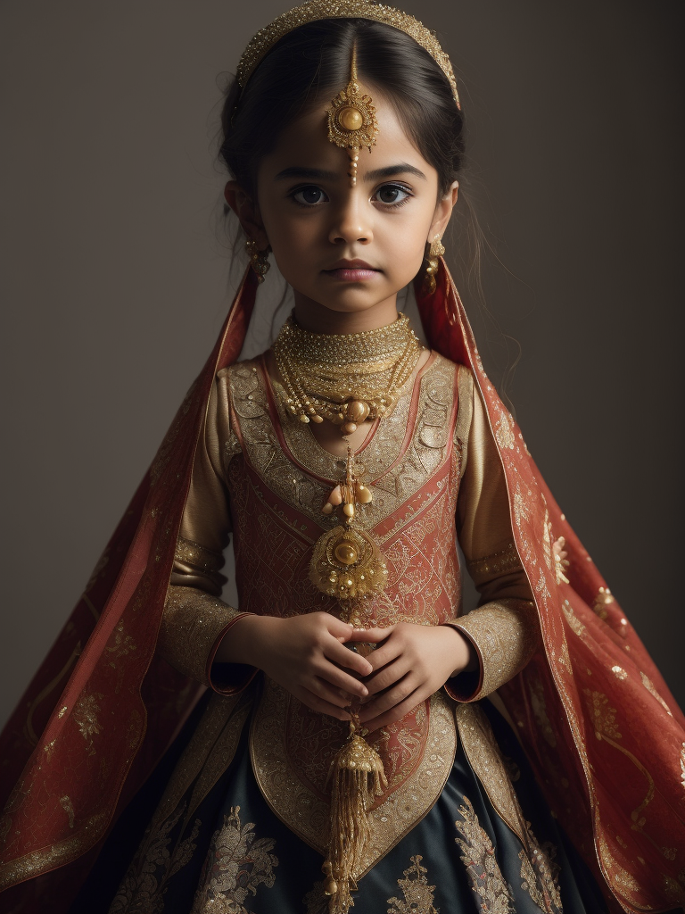 (((cute, sad 5-year-old girl))) of India dressed in a (((typical wedding dress of India, with gold and red geometric patterns))), (photorealistic: 1.4, lifelike), highly detailed CG unified 8K backgrounds, 1 child, looking at viewer, (HQ skin:1.4), 8k uhd, dslr, soft lighting, high quality, film grain, fujifilm XT3, ((simple neutral background)).