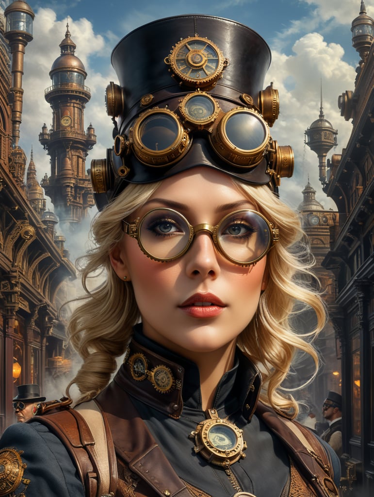 ((Masterpiece)), Photograph of a Steampunk Woman with glasses, Blonde hair, Adventurers outfit, (Hat with Goggles), Art Deco, style of Jules Vern, in a Victorian City, Extremely Detailed, Intricate