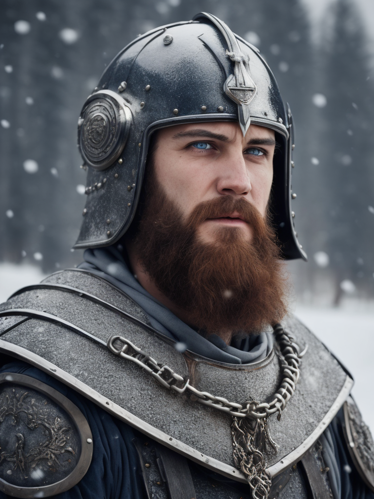 Portrait of a medieval Slavic warrior with a beard, wearing a helmet and chain mail, gray-blue eyes, a face stained with blood, against the backdrop of a winter landscape