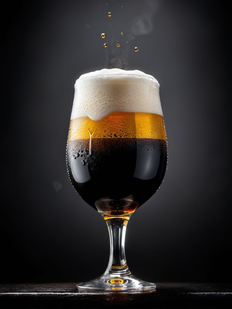 professional photo of a black beer glass, Beer foam coming out of a glass, isolated, black background