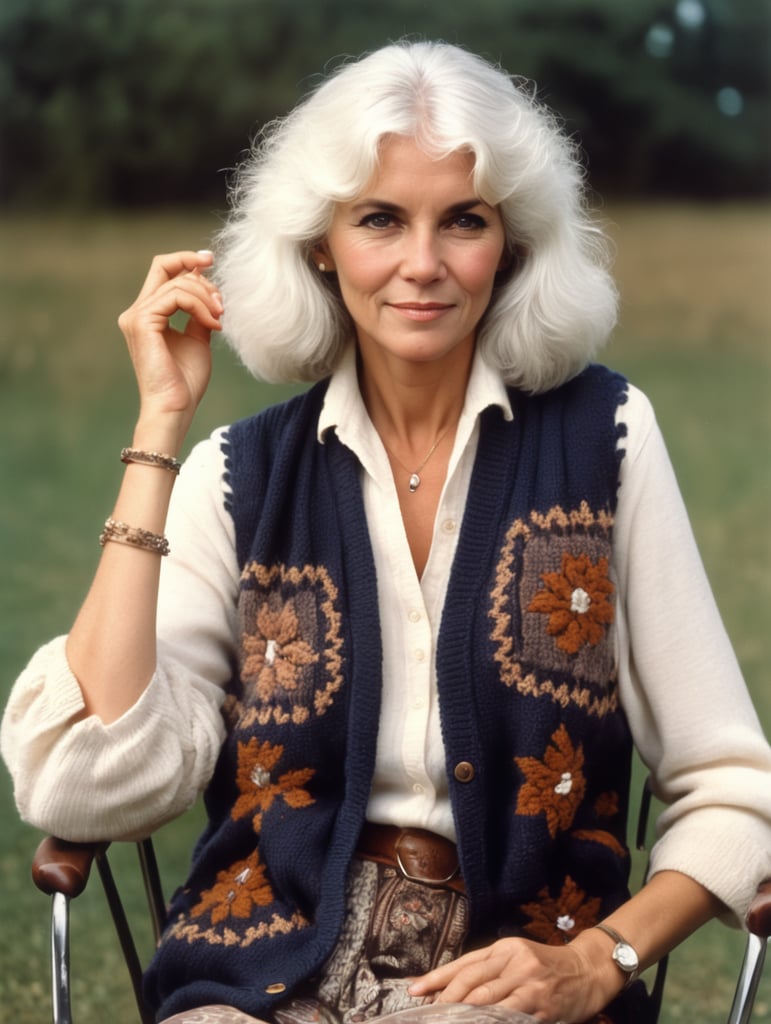 a white haired middle aged woman in 1980, bohemian style, sitting on a comforable armchair, knitting a baby jacket