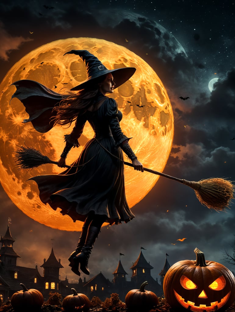 cene of pumpkins for Halloween, dramatic lighting at night, around the pumpkin, but in the night sky the silhouette of a witch flying on a broomstick, a bloody moon with the correct structure and stars. Depth of field.