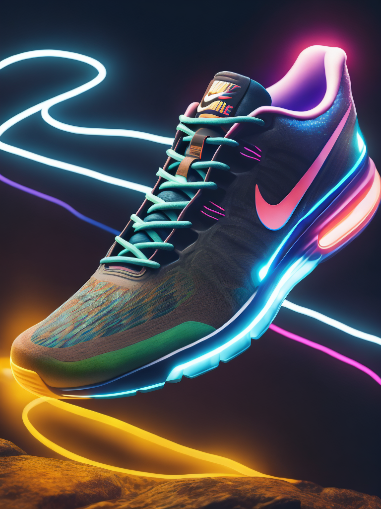 Illustration of a nike sports shoe in neon lights on a rock at night with moon light, bright and saturated colors, highly detailed, sharp focus, fashion magazine style