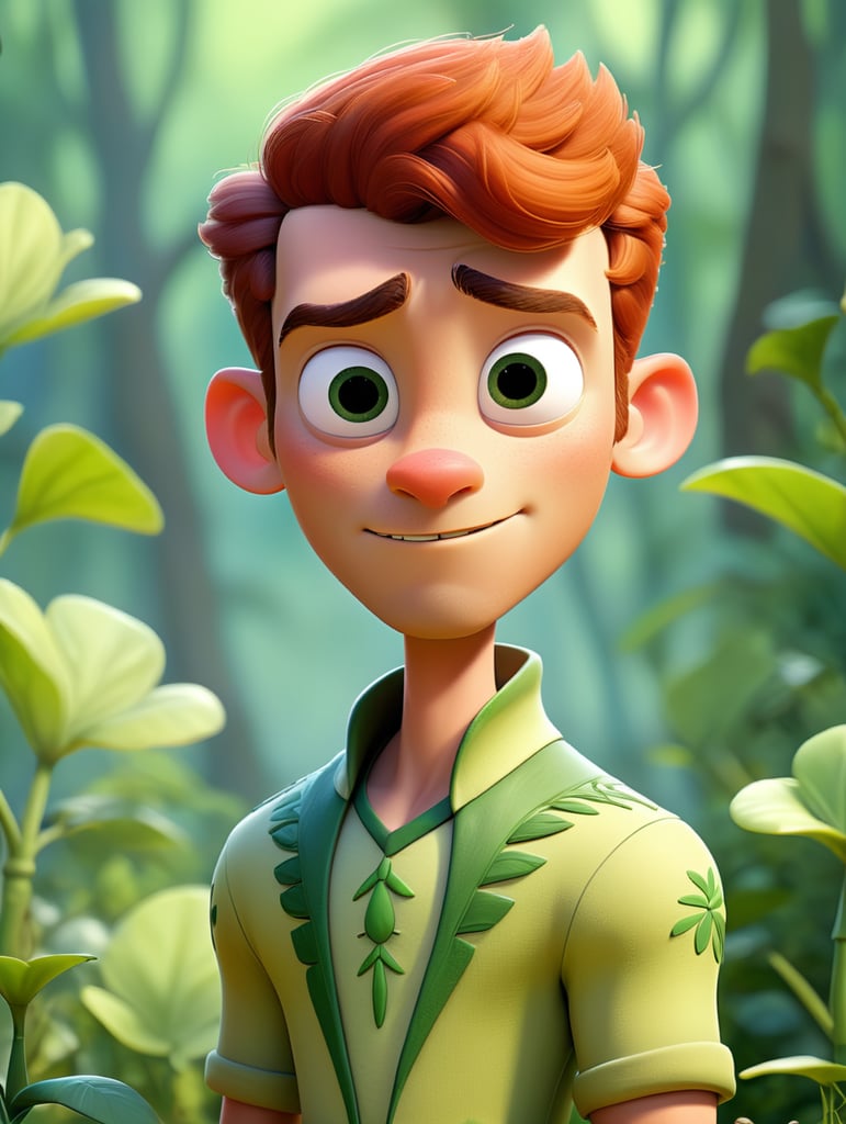 Crea al principe del reino de las plantas que vista de color verde, su nariz sea repintada, su cabello es corto y de color rojo, su piel es blanca y el es delgado y con una apariencia inocente, utiliza ropa muy femenina, la cara del principe es un pocomo femenina