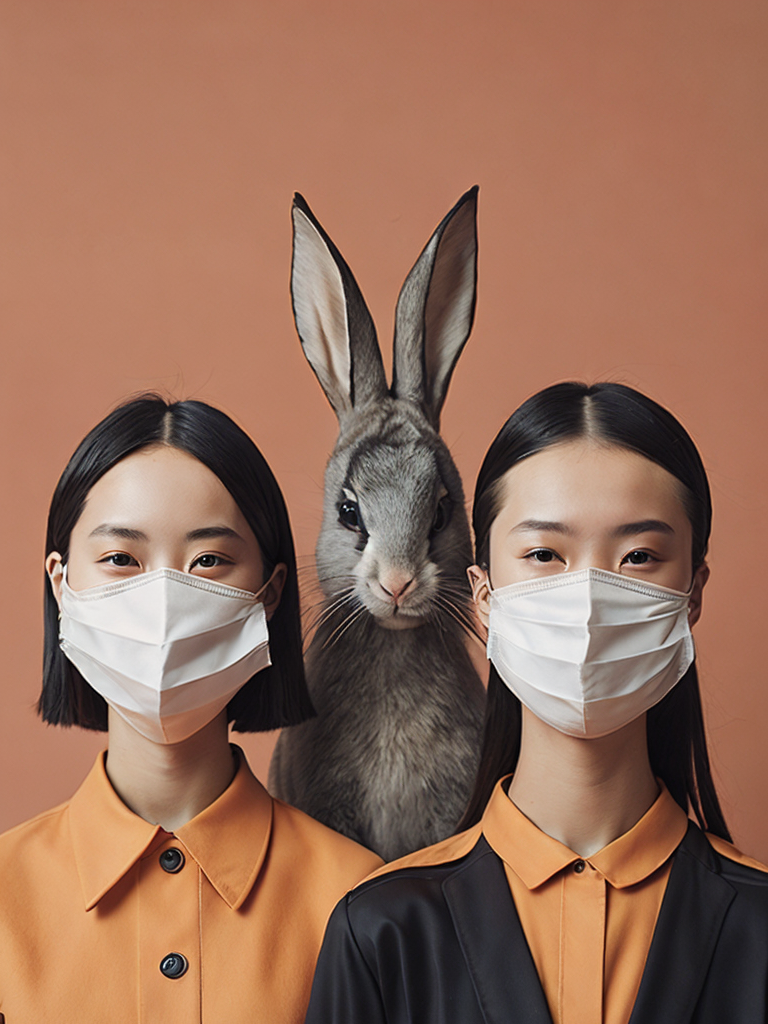 an illustration of people who are standing with two masks on, in the style of ren hang, naive childlike, medicalcore, depiction of animals, alex gross, polychrome terracotta, bunnycore