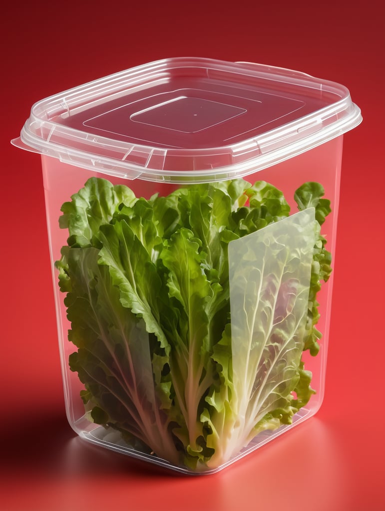 blank Transparent Plastic Container with lettuce Salad, isolated, red background, Mockup, mock up