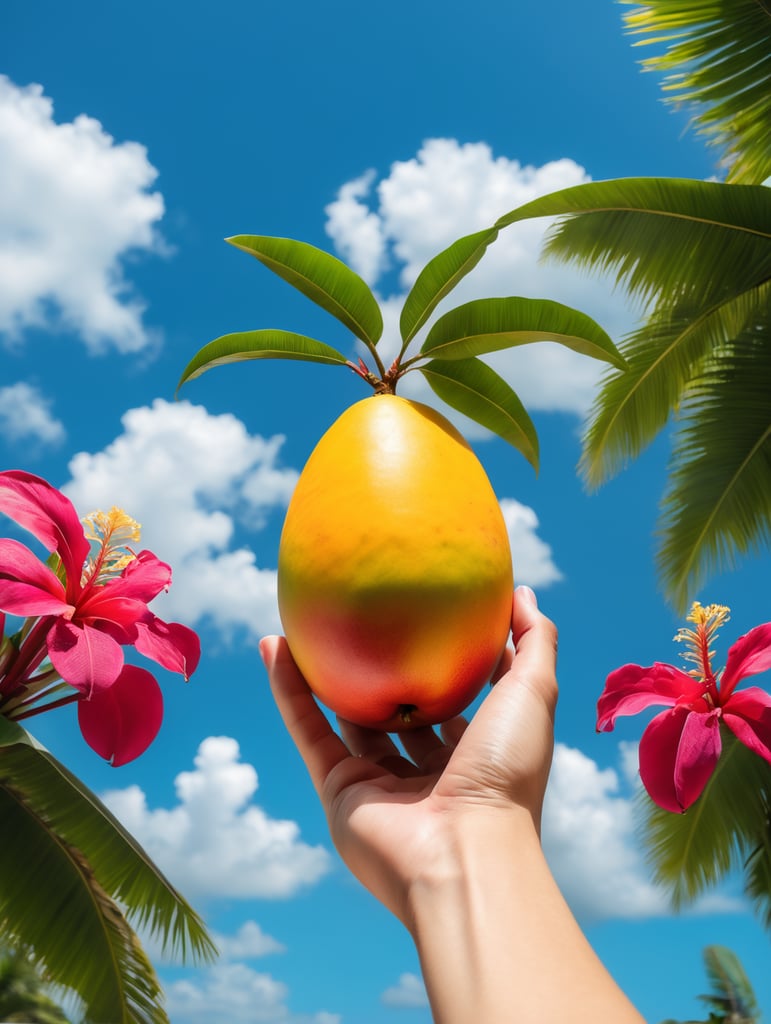 a hand holding a mango against the background of blue sky and tropical flowers
