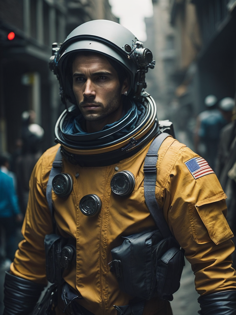 Epic portrait of an male astronaut standing on planet, dark atmosphere, hero pose, thumps up gesture, spaceship in the background, depth of field, incredibly high detailed, vibrant yellow colors, cinematic, Marvel Universe, concept art