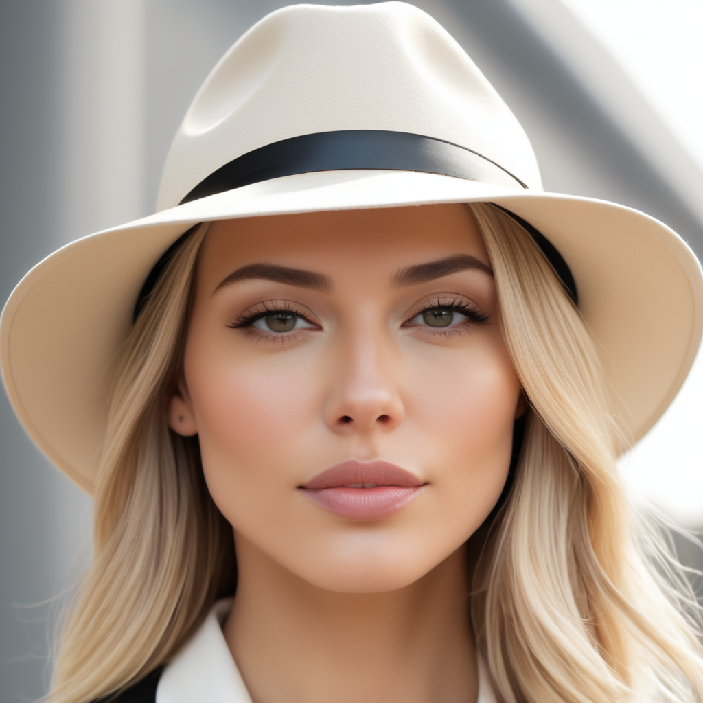 front upper view, close-up of the head of a blonde woman with shoulder-length straight hair, wearing a white men's fedora hat, covered eyes, only her nose and lips visible, beautiful lips