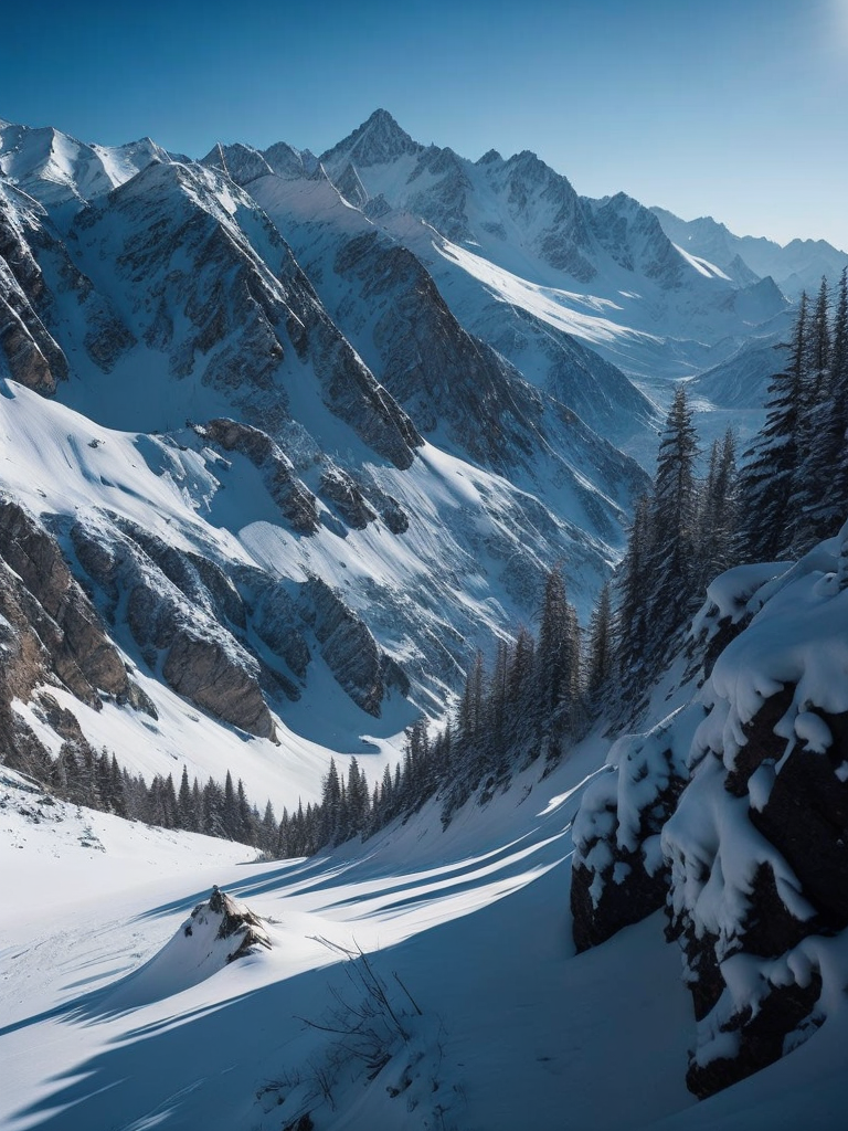 Breathtaking view of a snowy mountain range, with crisp clear air and a brilliant blue sky, serene, peaceful, majestic, high detail, winter landscape