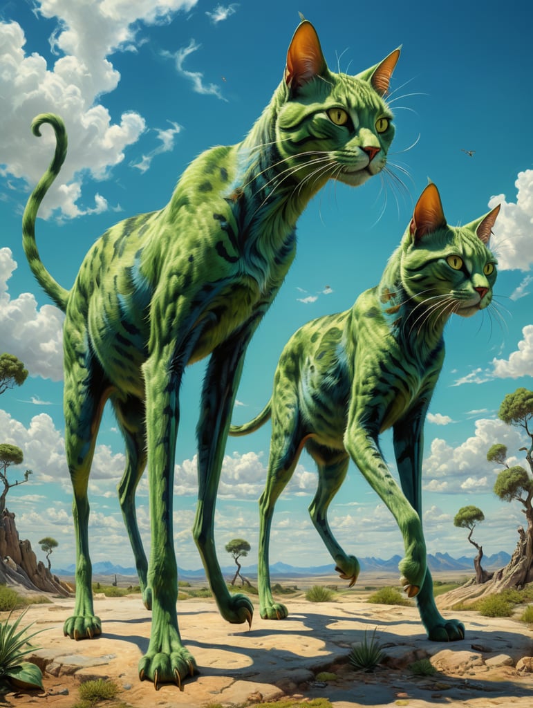 Green cats with very long, thin legs. Painted in the style of Salvador Dali. Blue sky.