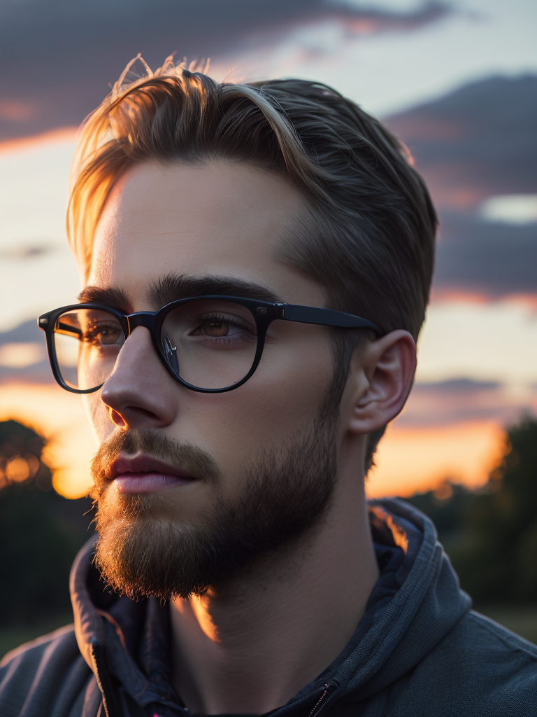 Blond man with glasses looking towards the sunset with a nature background, oval face