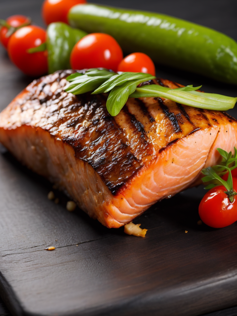 macro photography of a grilled piece of salmon with grilled vegetables. on a wooden board black background