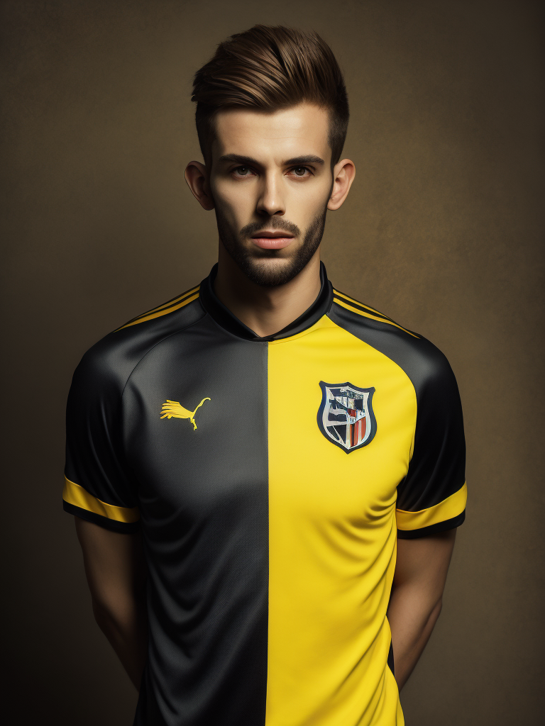 Portrait of soccer english player 1900, yellow and black shirt, whole body, bright and saturated colors, elegant, highly detailed, vogue, fashion magazine, sharp focus, Bright expressive makeup, Dramatic Lighting, Depth of field, Incredibly high detailed, blurred background