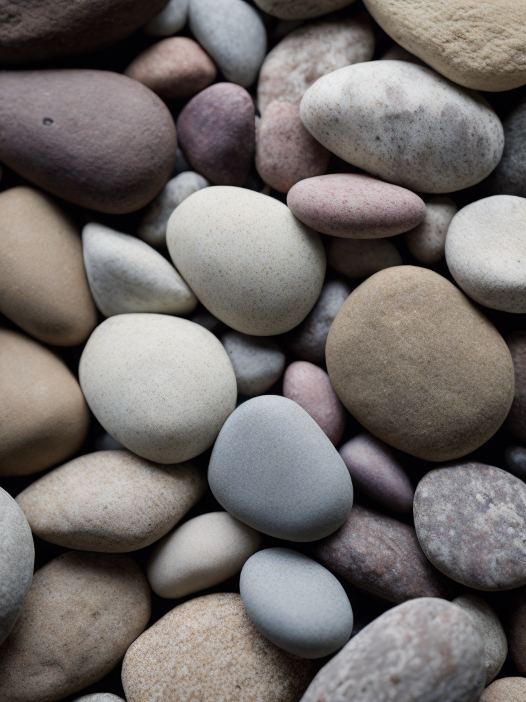 Texture of stones, pattern, background, top view, organic texture, seamless texture, scattered stones, gray and brown colors, deep colors, contrast lighting, voluminous stones, stones lie on top of each other, closely stacked stones